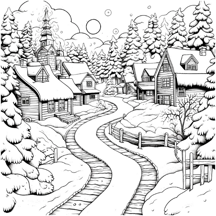 malvorlage-winterliches-dorf-mit-huetten-und-baeumen