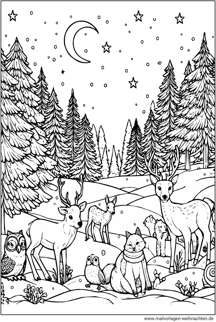 malvorlage-winterwald-mit-tieren