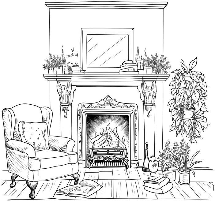 malvorlage-wohnzimmer-mit-kamin-und-pflanzen