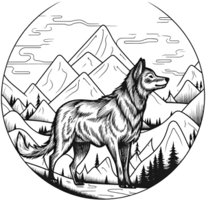 malvorlage-wolf-in-berglandschaft