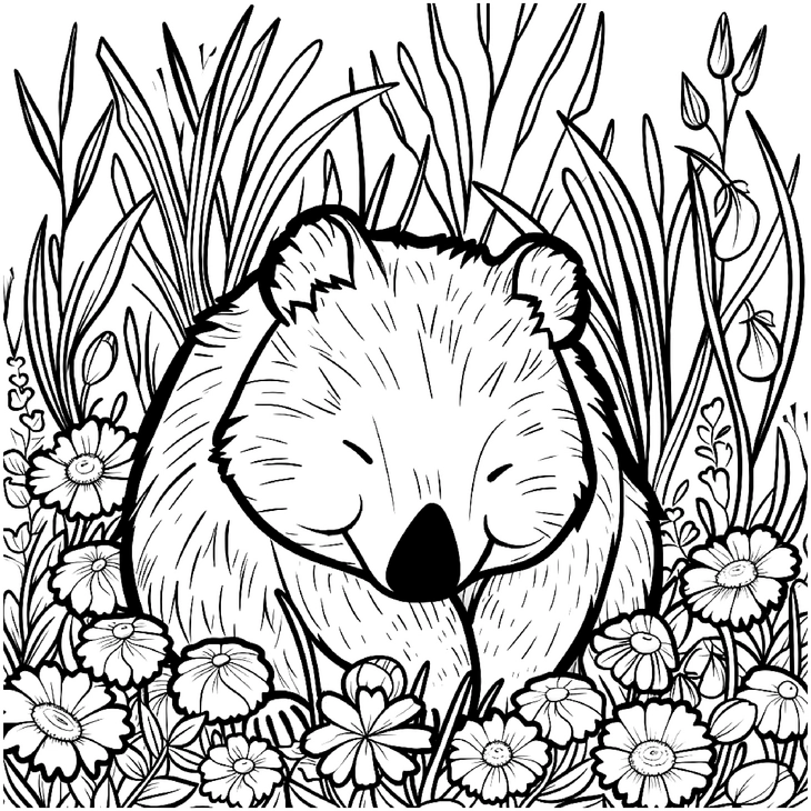 malvorlage-wombat-in-blumenfeld
