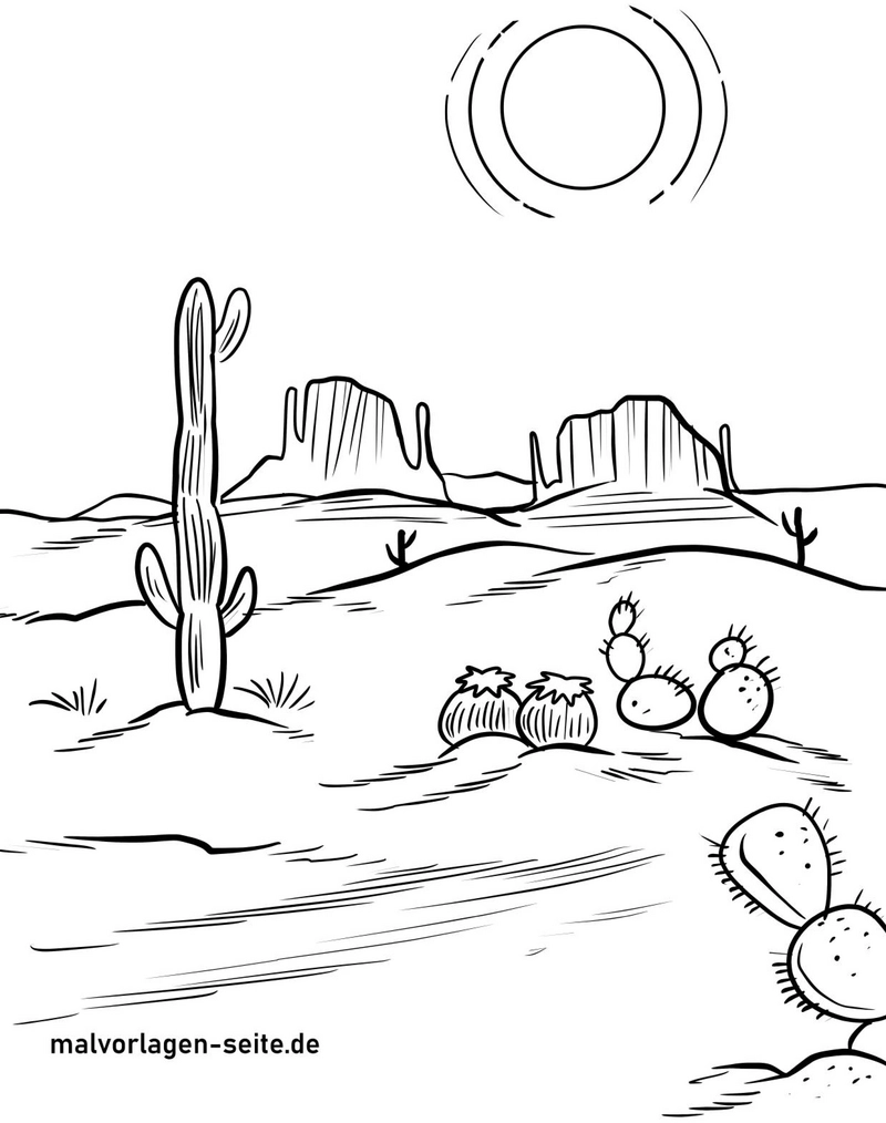 malvorlage-wuestenlandschaft-mit-kakteen-und-sonne