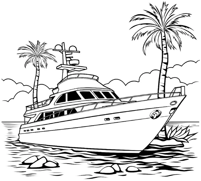 malvorlage-yacht-am-strand-mit-palmen