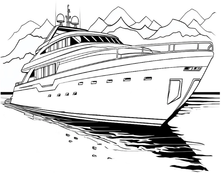 malvorlage-yacht-auf-dem-wasser-mit-bergen