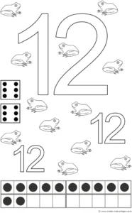 malvorlage-zahl-12-mit-froeschen-und-wuerfeln