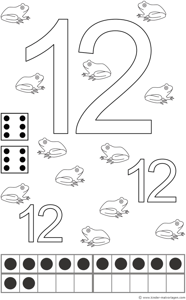 malvorlage-zahl-12-mit-froeschen-und-wuerfeln