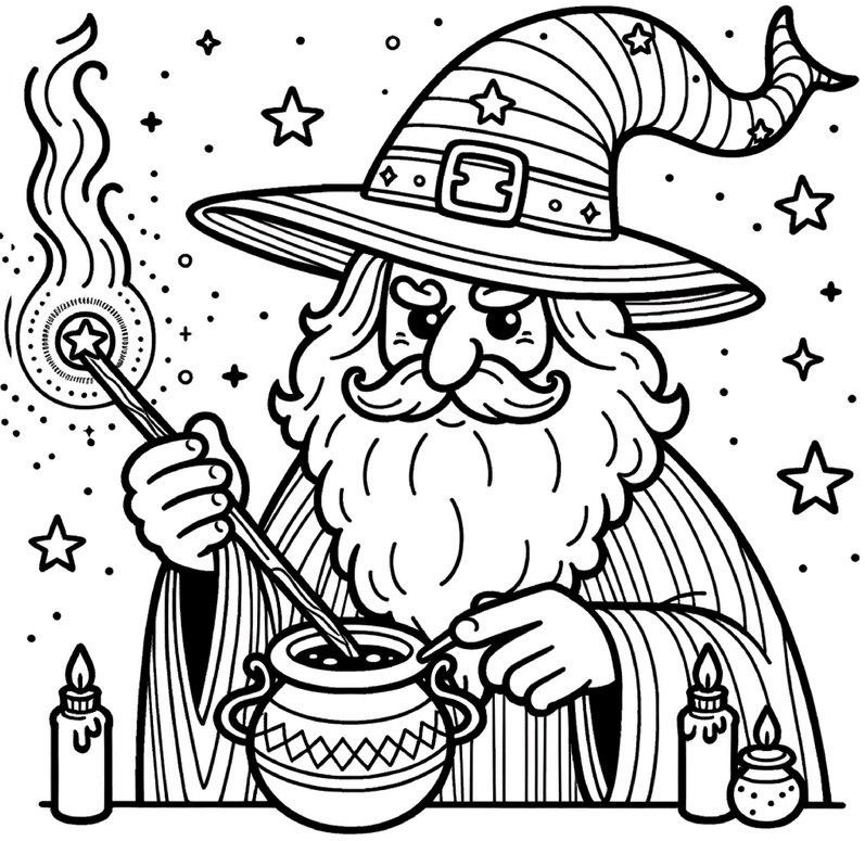 malvorlage-zauberer-mit-kessel-und-sternen