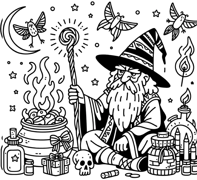 malvorlage-zauberer-mit-kessel-und-voegeln