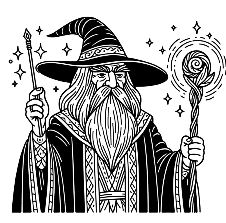 malvorlage-zauberer-mit-zauberstab-und-magischen-symbolen