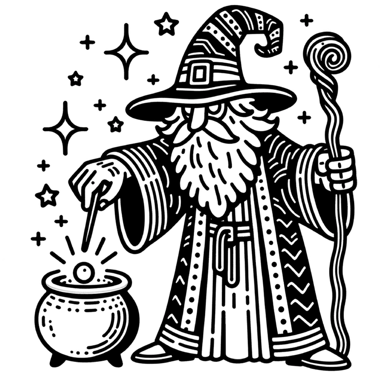 malvorlage-zauberer-mit-zaubertrank-und-sternen