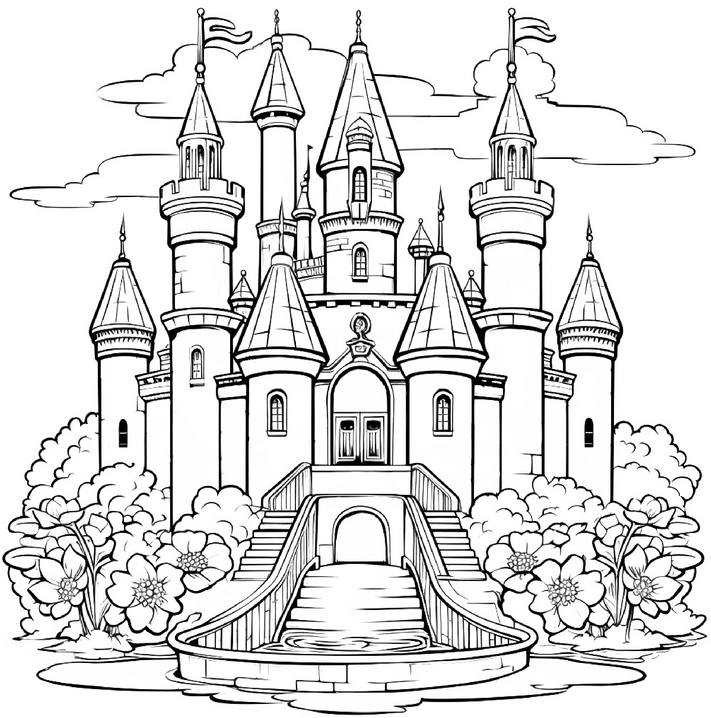 malvorlage-zauberhafte-burg-mit-pflanzen-und-wasserlauf