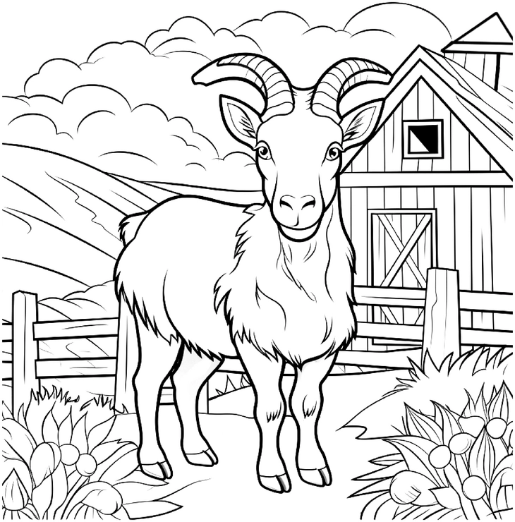 malvorlage-ziege-vor-bauernhof-und-naturhintergrund