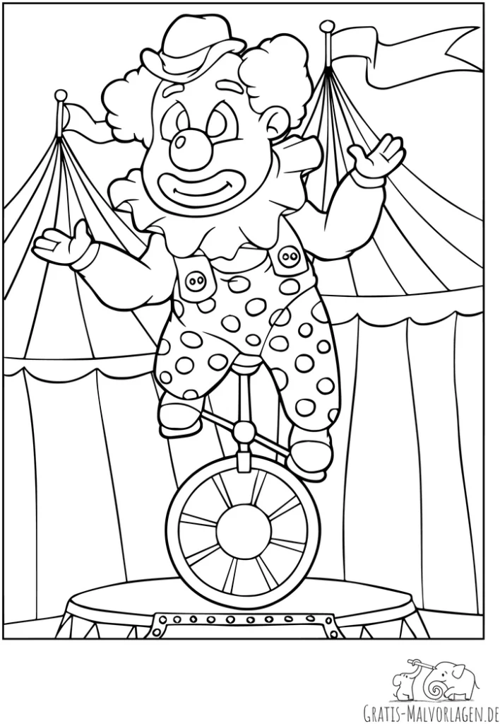 malvorlage-zirkus-clown-auf-einrad