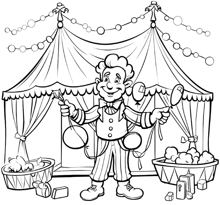 malvorlage-zirkus-clown-luftballons-und-zelt