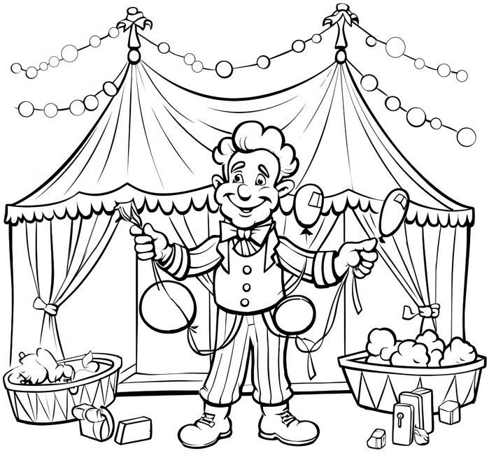 malvorlage-zirkus-clown-mit-jongleur-und-zelt
