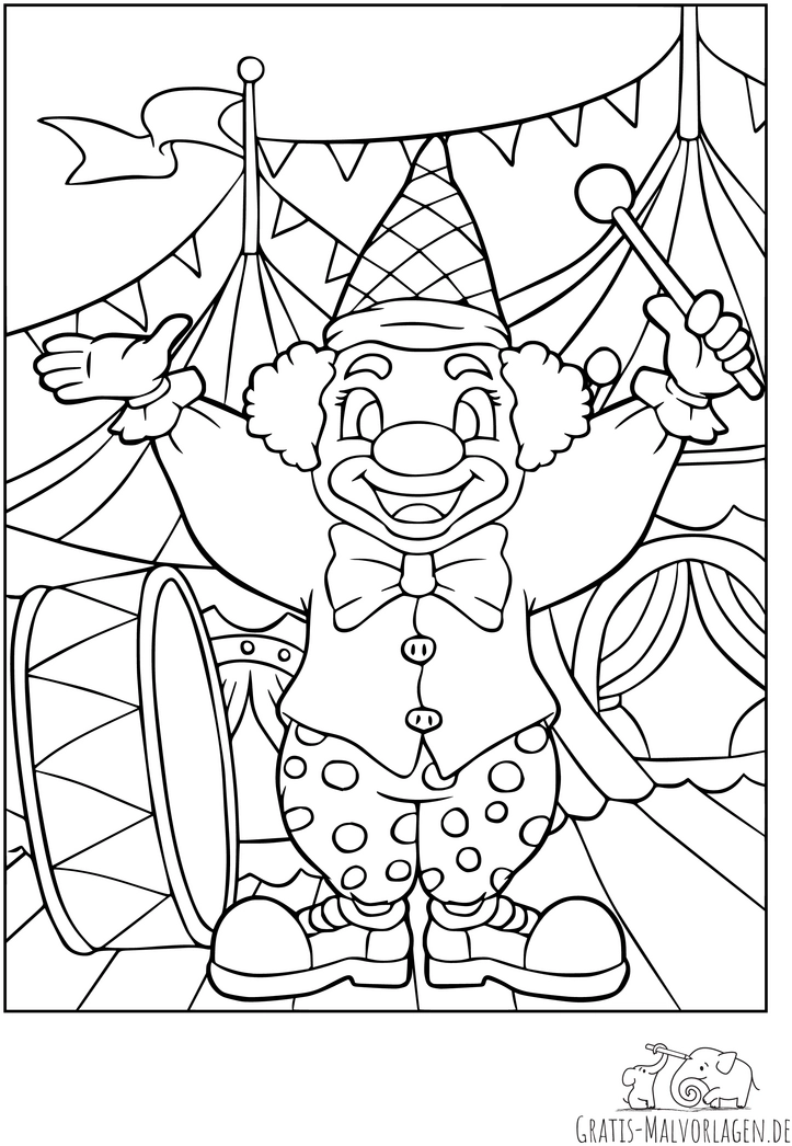 malvorlage-zirkus-clown-mit-trommel-vor-zirkuszelt