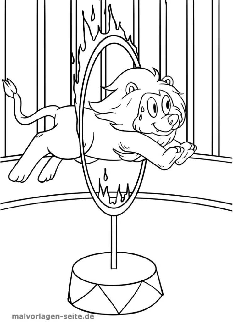 malvorlage-zirkus-loewe-im-feuerreifen