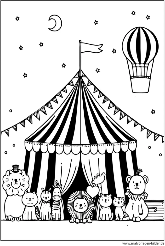malvorlage-zirkus-mit-tieren-und-heissluftballon