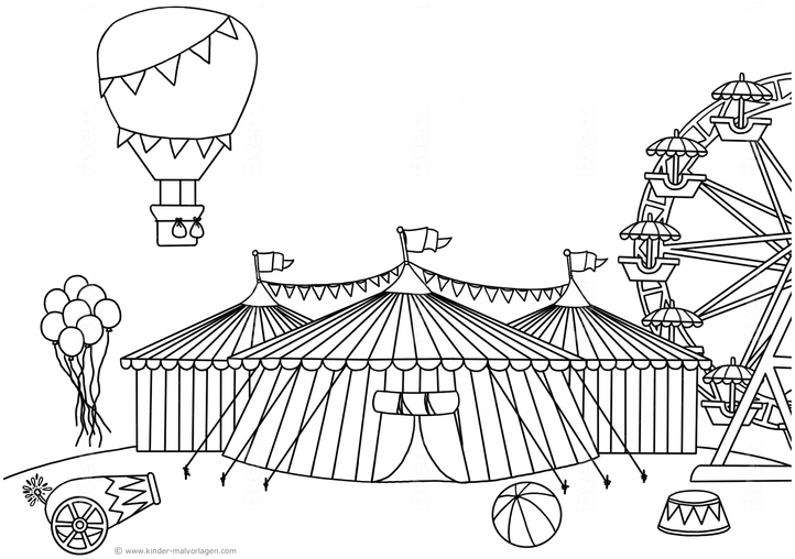 malvorlage-zirkuswelt-mit-heissluftballon-und-riesenrad