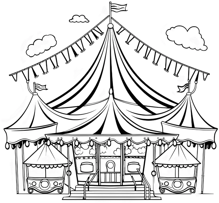 malvorlage-zirkuszelt-mit-bunten-fahnen-und-wolken