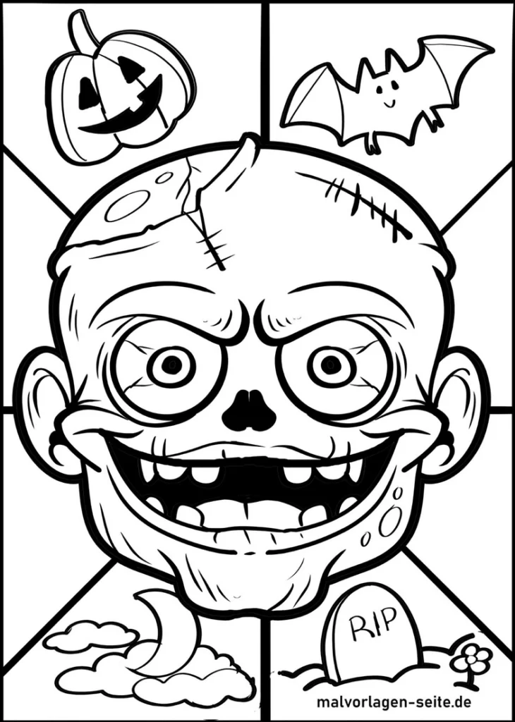 malvorlage-zombie-gesicht-mit-halloween-symbolen