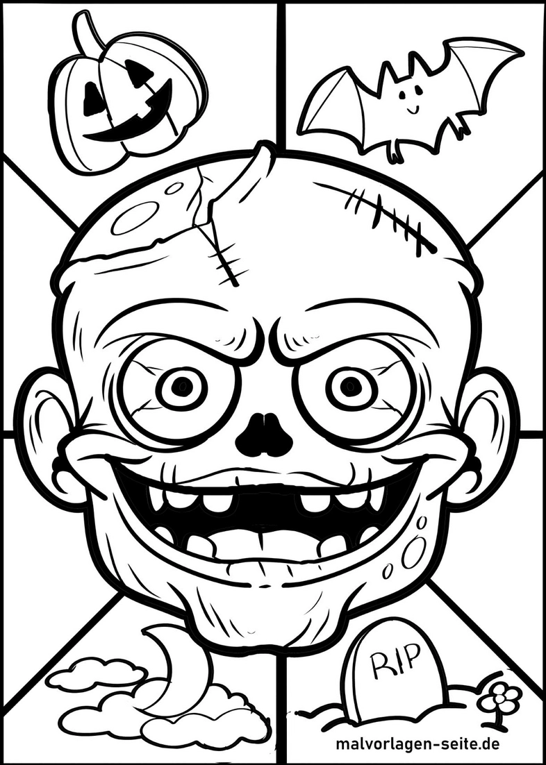 malvorlage-zombie-gesicht-mit-halloween-symbolen