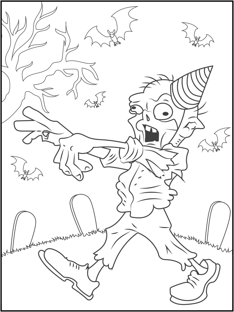 malvorlage-zombie-im-friedhof-mit-fledermaeusen