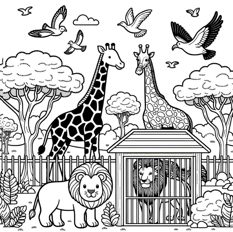 malvorlage-zoo-giraffen-loewen