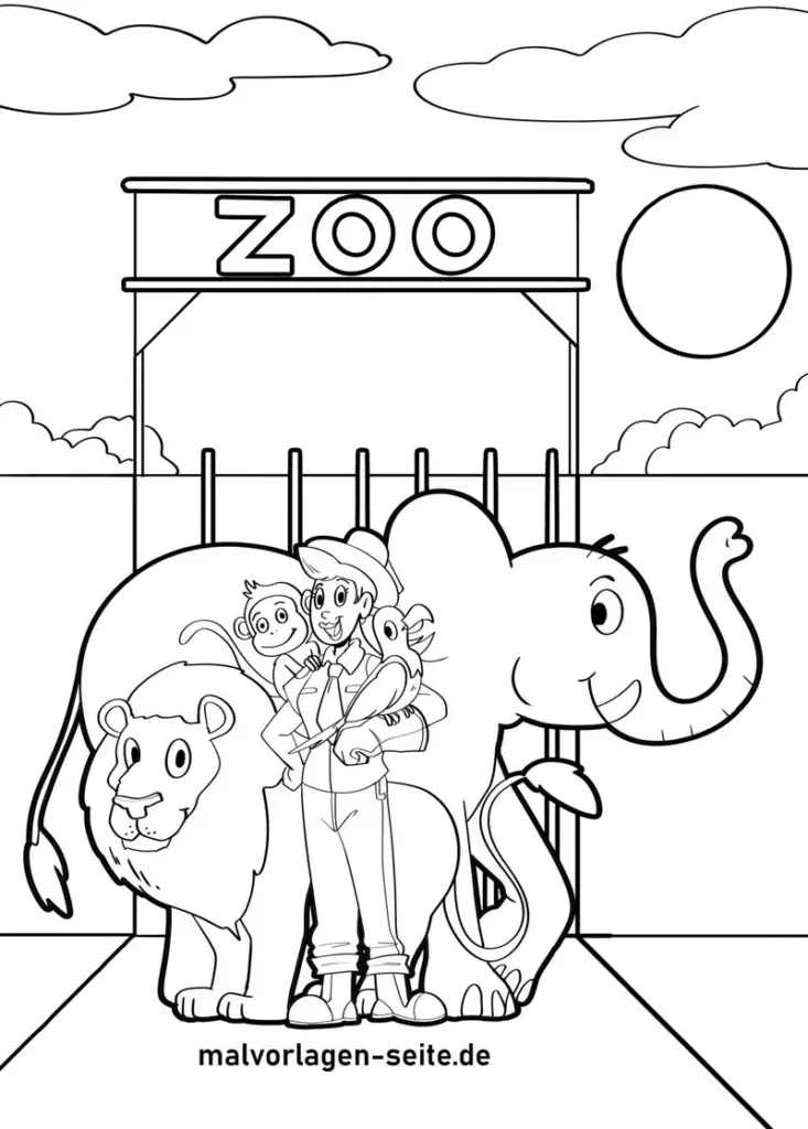 malvorlage-zoo-tiere-mit-tierpfleger-und-elefant