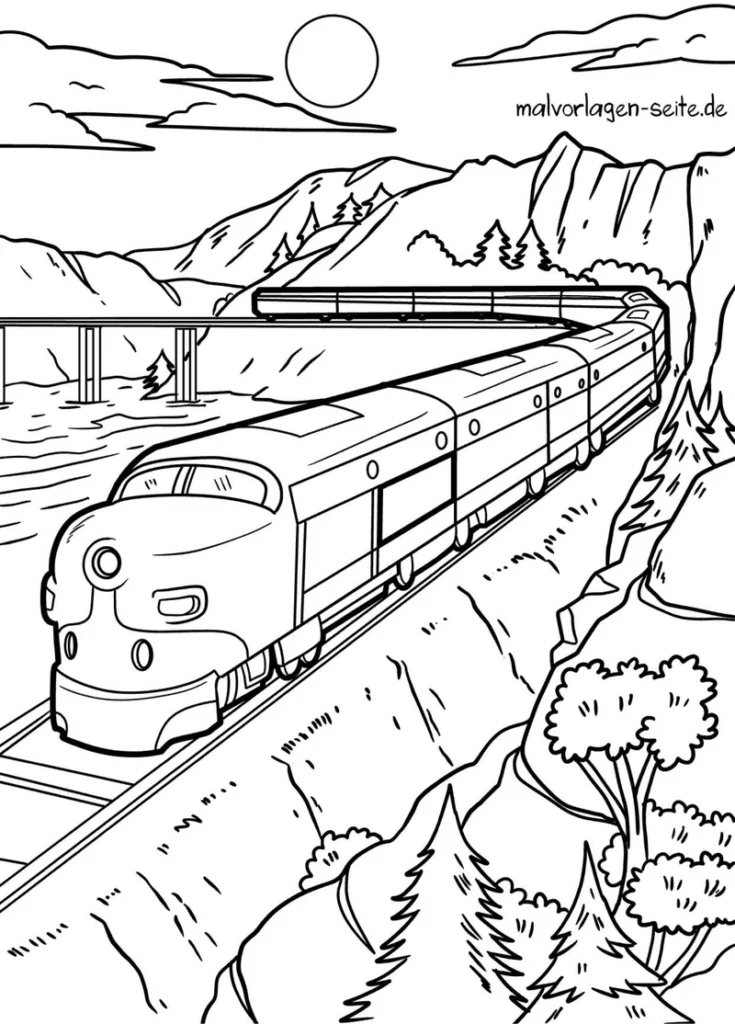 malvorlage-zug-in-der-natur-mit-bergen-und-baeumen