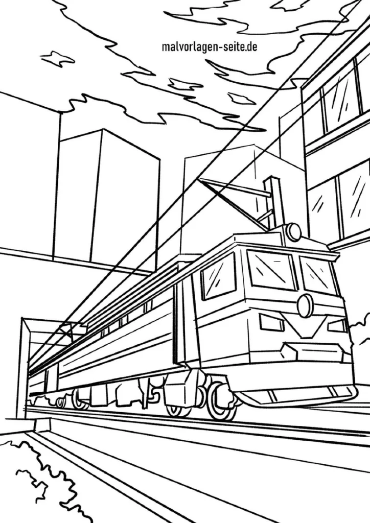 malvorlage-zug-in-der-stadt-ausmalbild