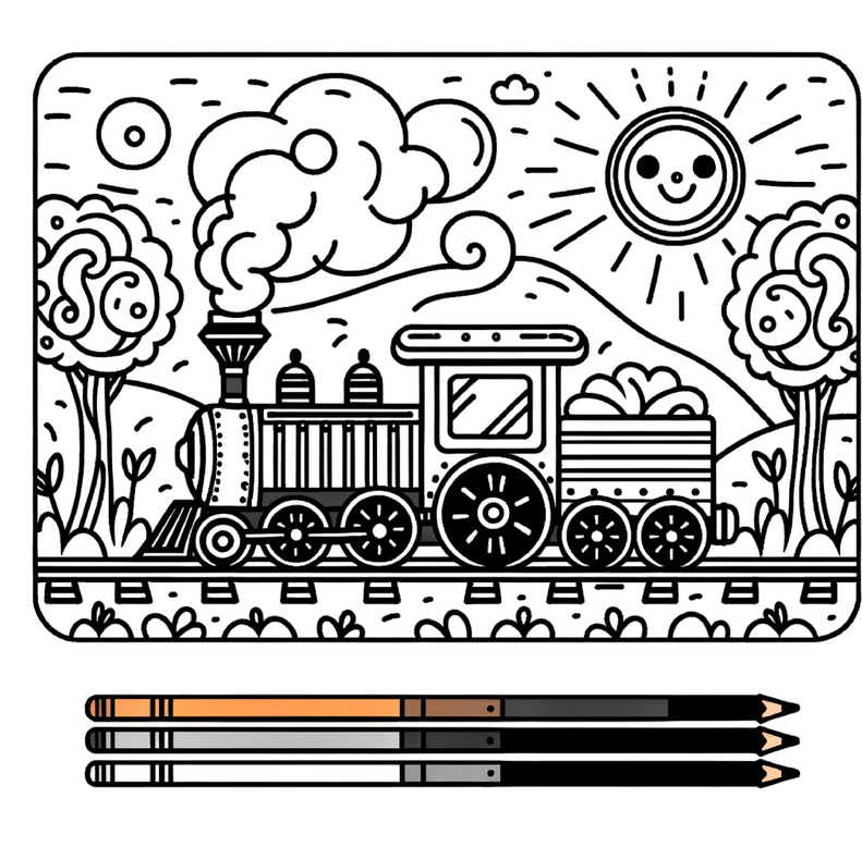 malvorlage-zug-in-einer-froehlichen-landschaft