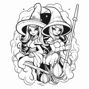 malvorlage-zwei-hexen-auf-besen-in-magischer-welt