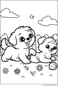 malvorlage-zwei-hunde-spielen-im-garten