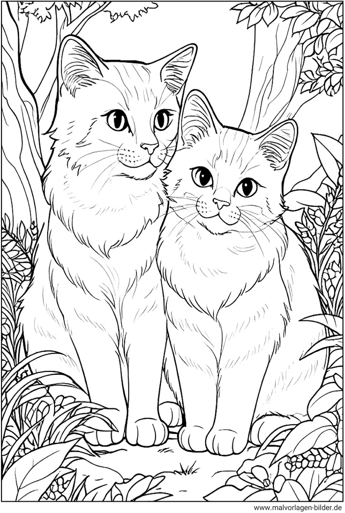 malvorlage-zwei-katzen-in-der-natur-zum-ausmalen