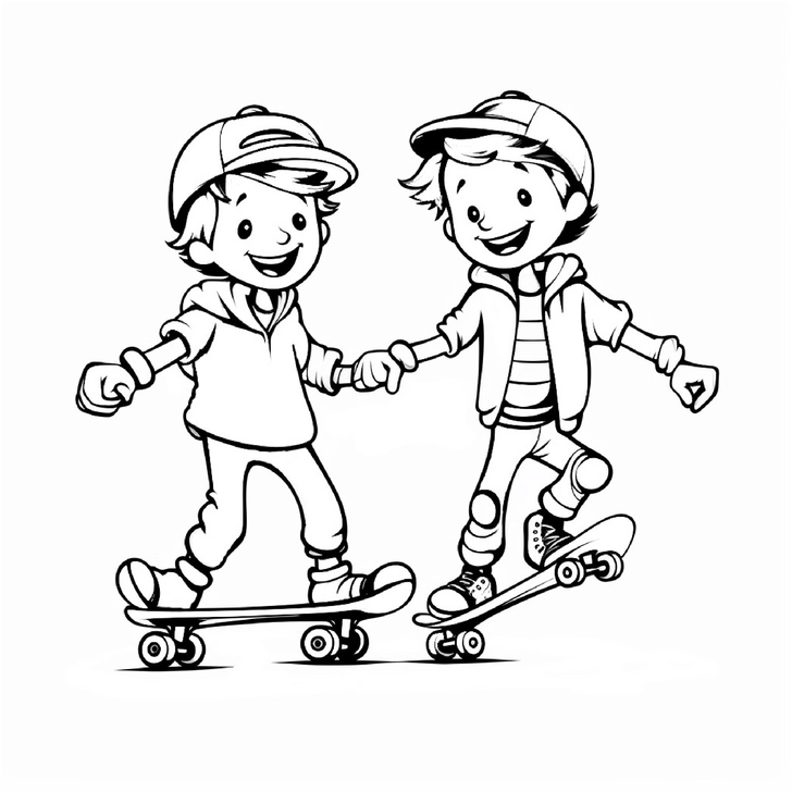 malvorlage-zwei-kinder-auf-skateboards-hand-in-hand