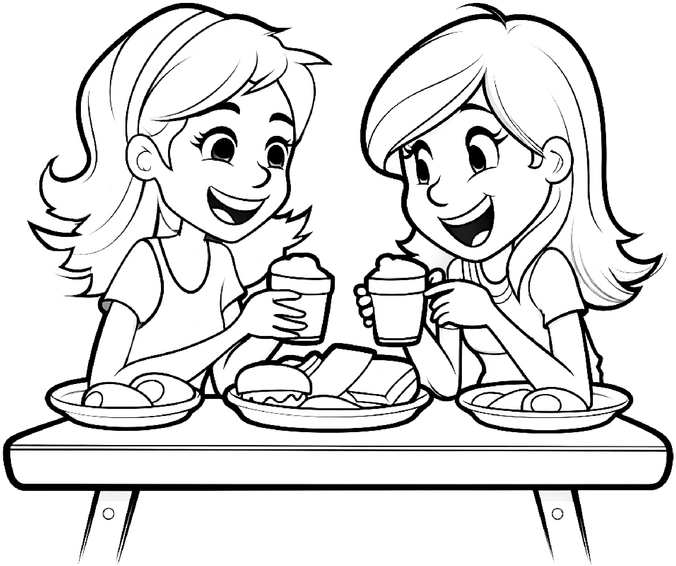 malvorlage-zwei-maedchen-beim-essen-und-trinken