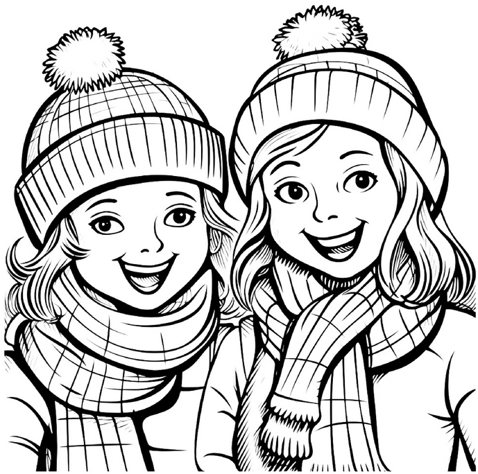 malvorlage-zwei-maedchen-im-winter-mit-muetzen