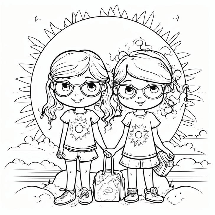 malvorlage-zwei-maedchen-vor-sonne
