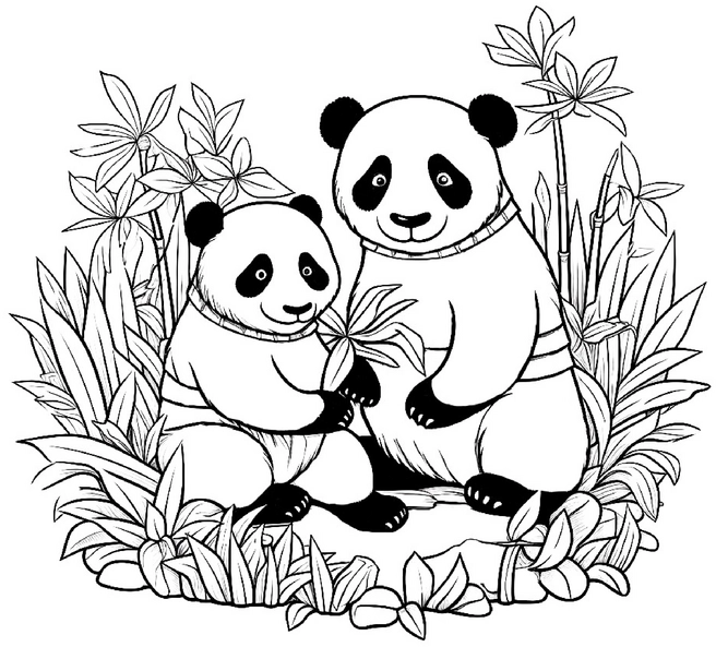 malvorlage-zwei-pandas-im-bambuswald