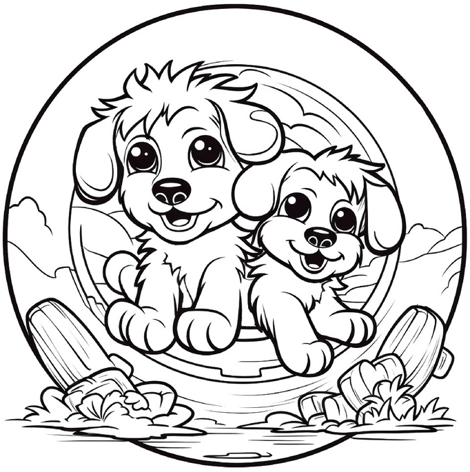 malvorlage-zwei-welpen-in-einem-spielreifen