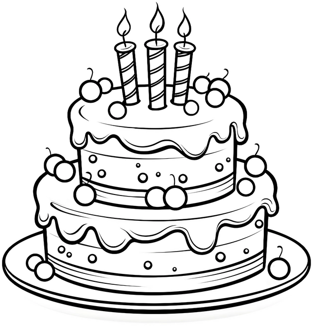 malvorlage-zweistoekiger-kuchen-mit-kerzen-und-kirschen