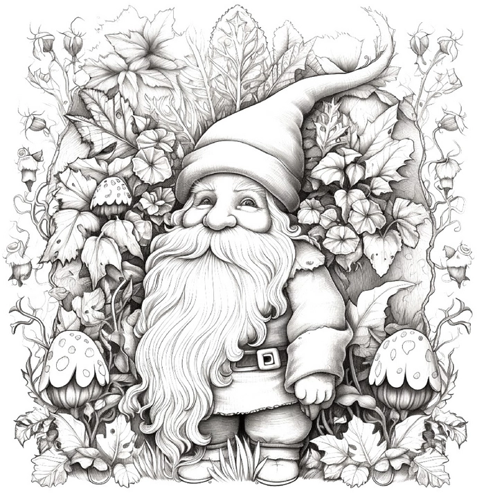 malvorlage-zwerg-in-der-natur-mit-pflanzen-und-blumen