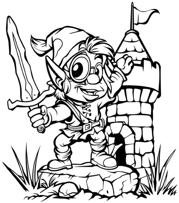 malvorlage-zwerg-mit-schwert-und-festung