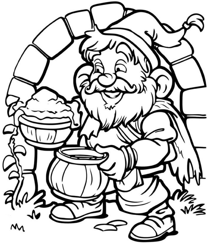 malvorlage-zwerg-mit-toepfen-in-einem-garten