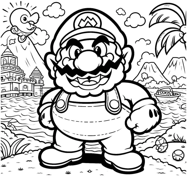 mario-ausmalvorlage-in-bunter-landschaft
