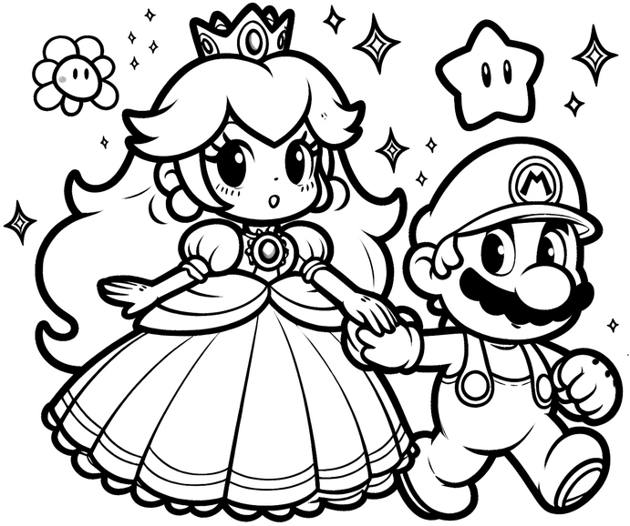 mario-und-prinzessin-peach-ausmalvorlage-blumen-und-sternen