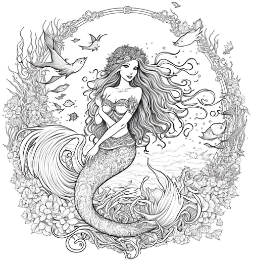 meerjungfrau-ausmalvorlage-mit-fischen-und-blumen
