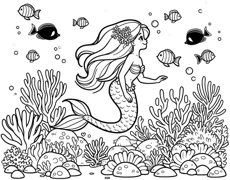 meerjungfrau-bunte-fische-und-korallen-ausmalbild