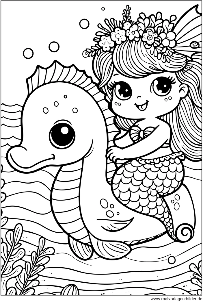 meerjungfrau-reitet-auf-seepferdchen-ausmalvorlage